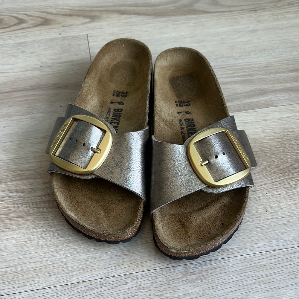 Birkenstock Madrid Metallic Slides with Gold Buckle